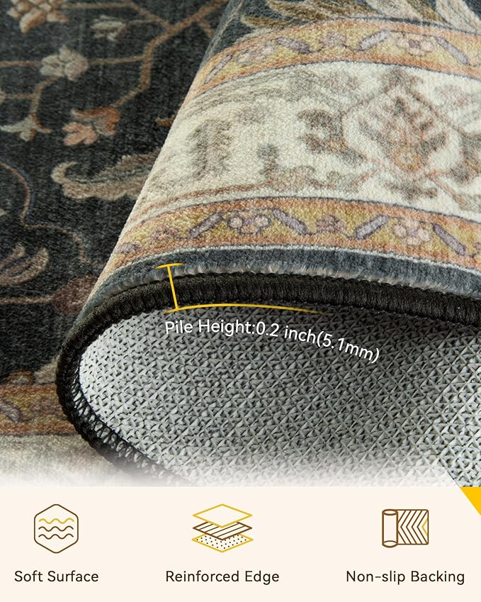RELEANY Area Rugs 2'x6' Runner Rug Non Slip Washable for Kitchen Hallway Bedroom Beside Laundry Room Bathroom Rug, Floor Carpet, Vintage Black Brown Neutral
