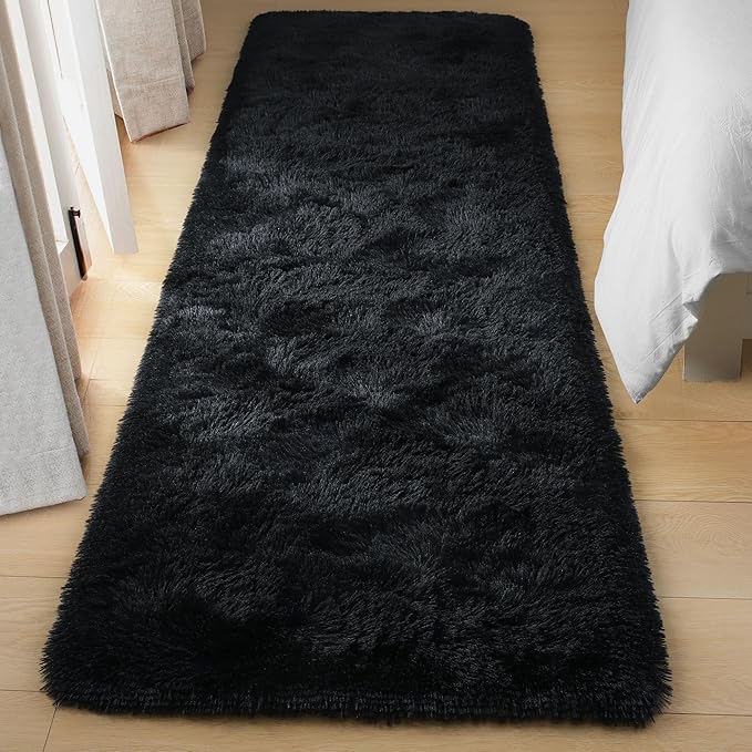 Tepook Soft Runner Rugs for Bedroom 2x6 ft with Rubber Backing, Black Fluffy Rugs for Living Room, Shag Bedside Rug Fuzzy Plush Carpet for Room, Area Rug for Dorm Nursery Hallway Indoor Home Decor