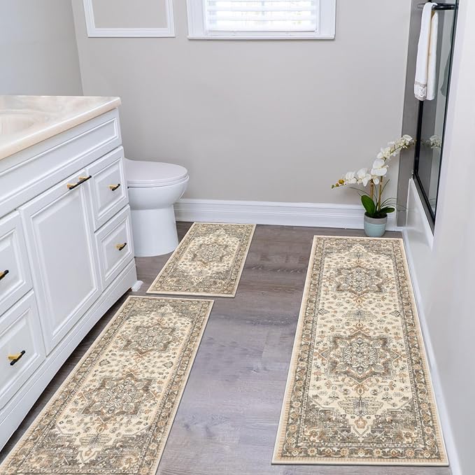 HEBE Boho Kitchen Rug Sets 3 Piece with Runner Non Slip Kitchen Rugs and Mats Washable Kitchen Mats for Floor Thick Kitchen Floor Mat Carpet Runner Rugs for Hallway Laundry Holiday Decor