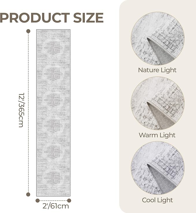 2x12 Runner Rug, Long Hallway Rugs for Dining Room, Living Room, Bedroom, Machine Washable Kitchen Carpet Runner with Rubber Backing, Soft Low Pile Indoor Rug(2'x12', Light Grey/White)