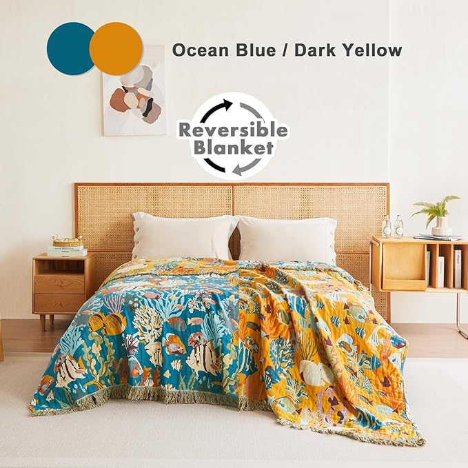 MSGKV Throw Blanket for Couch Cotton Cute Ocean Animals Blanket 50"x60" Sofa Chair Blankets Muslin Spring Breathable All Seasons Lightweight Farmhouse Home Decor