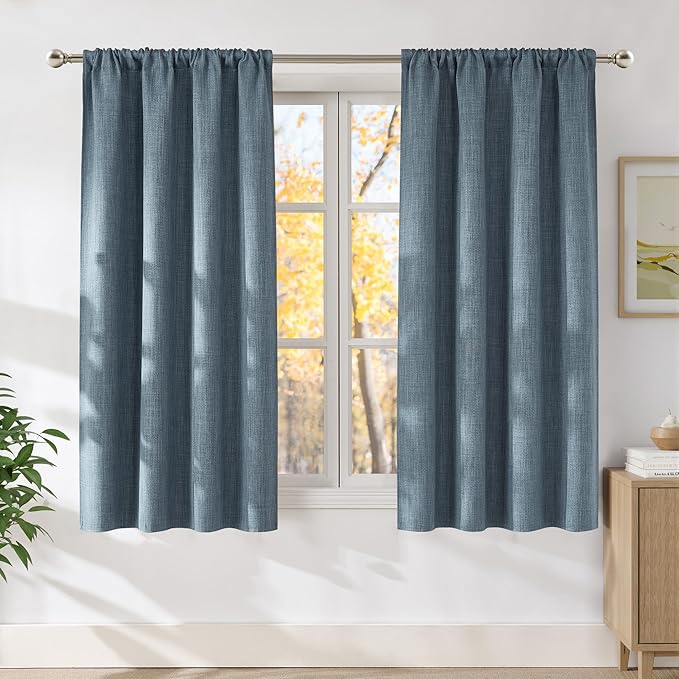 NICETOWN Mist Blue Faux Linen Room Darkening Rod Pocket Curtains 63 inch Length, W42 x L63, Light Blocking Thermal Insulated Noise Reducing Drapes for Bedroom Living Room Farmhouse Decor, 2 Panels