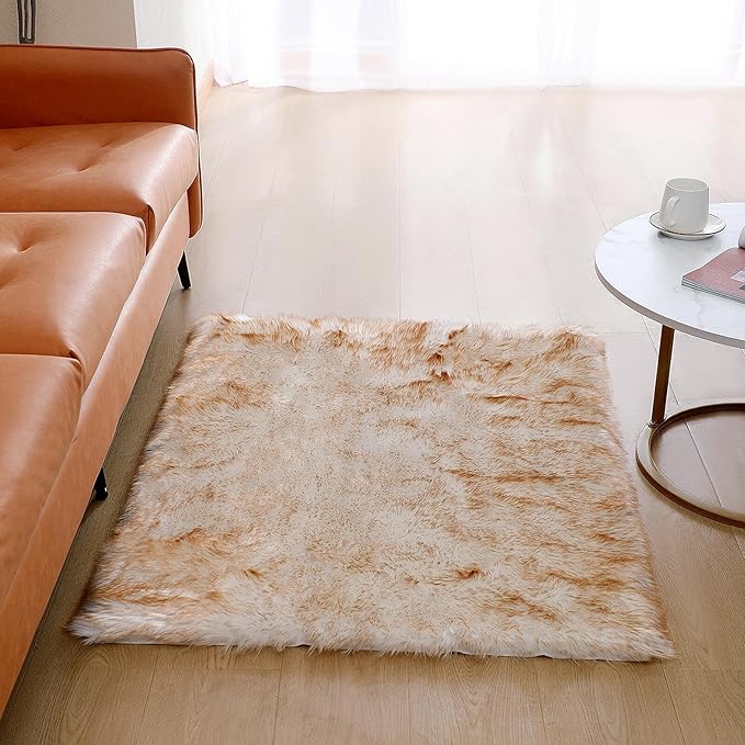 linmopm Faux Fur Rug Sheepskin Shag Fluffy Fuzzy 3x4 ft Rugs for Bedroom Bedside Bed Floor Living Room Plush Rectangle High-Density Cushion Carpet Super Sofa Cover White and Yellow