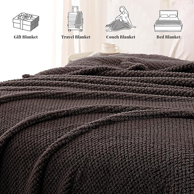 Whale Flotilla King Size Fuzzy Fleece Blanket, Fluffy Warm Soft Jacquard Bed Blankets for All Season, Lightweight and Cozy, 90x104 Inch, Coffee