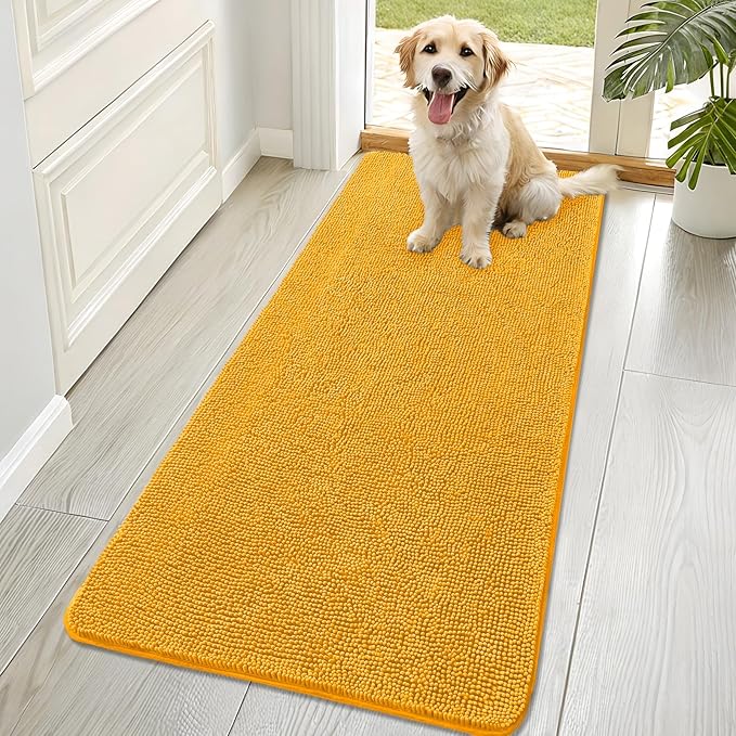 OLANLY Dog Door Mat for Muddy Paws 70x32, Absorbs Moisture and Dirt, Absorbent Non-Slip Washable Doormat, Quick Dry Chenille Mud Mat, Entry Indoor Entryway Carpet for Inside Floor, Golden Yellow