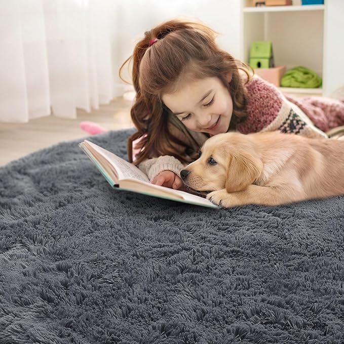 OLANLY Grey Round Rugs for Bedroom - Machine Washable, 2 ft Circle Area Rugs for Living Room, Soft and Fluffy Shaggy Carpet for Teen Girls and Boys, Nursery Rooms, Dorms, Home Decor Aesthetic