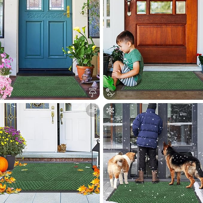 Smiry Front Door Mat Outside Entrance, Heavy Duty Sturdy Natural Rubber Doormat, Trap Dirt and Moisture, Easy Clean Low Profile Welcome Floor Mats for Indoor Outdoor Entry, 35X23 Inch, Green