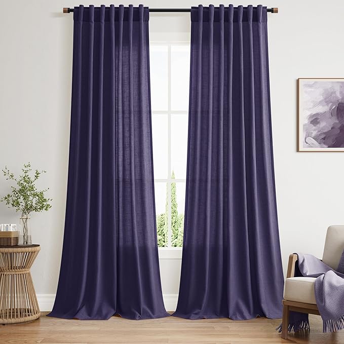 Extra Long Curtain Purple Morden Linen Blend Light Filtering Back Tab Curtains for Long Winodws 120 Inches Length, Semi Sheer Privacy Drapes for Living Room, 52x120 inch, 2 Panels