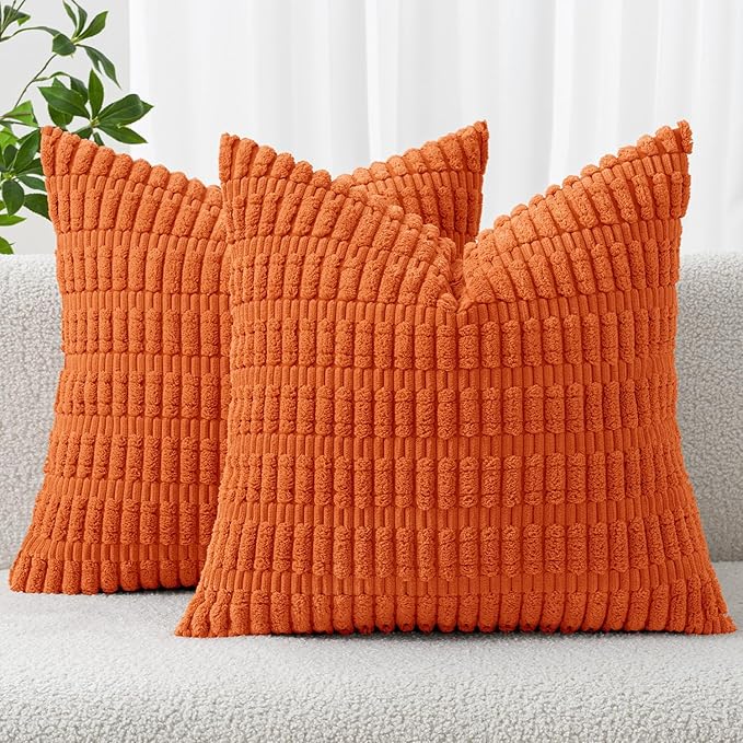 MIULEE Pack of 2 Orange Corduroy Decorative Pillow Covers 18x18 Inch Soft Boho Striped Throw Pillow Covers Modern Farmhouse Home Decor for Halloween Thanksgiving Summer Sofa Living Room Couch Bed