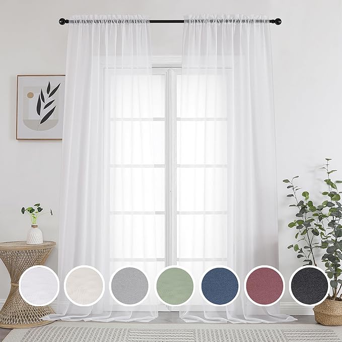OWENIE Sheer Curtain, 120 Inches Long, White, Rod Pocket, Polyester, 2 Panels, for Living Room and Bedroom