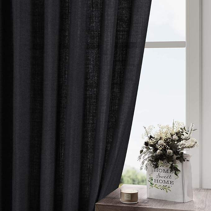 Nanspring Black Curtains 95 Inches Long 2 Panel Set Back Tab Sheer Black Linen Curtain Modern Farmhouse Muslin Look Cotton Textured Gauze Drapes 95 inch Length for Patio Sliding Door Office Bedroom