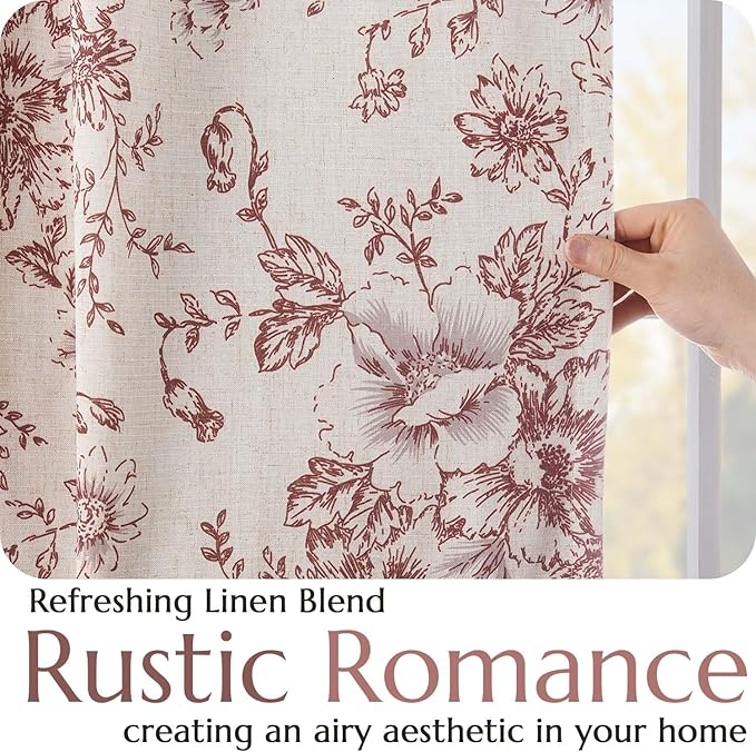 jinchan Blackout Floral Curtains for Living Room Bedroom Linen Blend Curtain Farmhouse Brick Red Printed with Lined Back Tab Rod Pocket Drapes Window Treatments 2 Panels 90 Inch