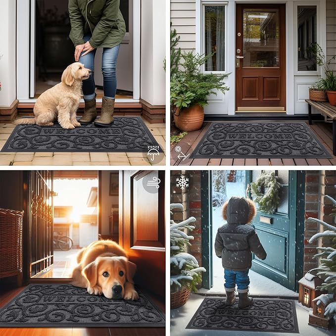 Smiry Welcome Door Mat Outside Entrance, Heavy Duty Trap Dirt and Moisture Easy Clean Low Profile Patio Porch Indoor Outdoor Front Doormat for Entry, 35x23 Inch, Grey