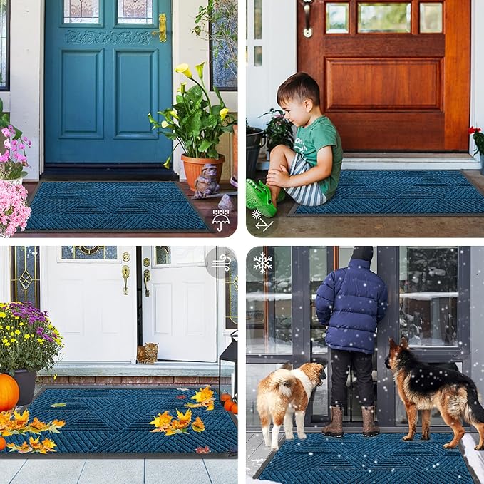 Smiry Front Door Mat Outside Entrance, Heavy Duty Sturdy Natural Rubber Doormat, Trap Dirt and Moisture, Easy Clean Low Profile Mats for Indoor Outdoor Entry, Irregular Triangle (29.5x17, Mixed Blue)
