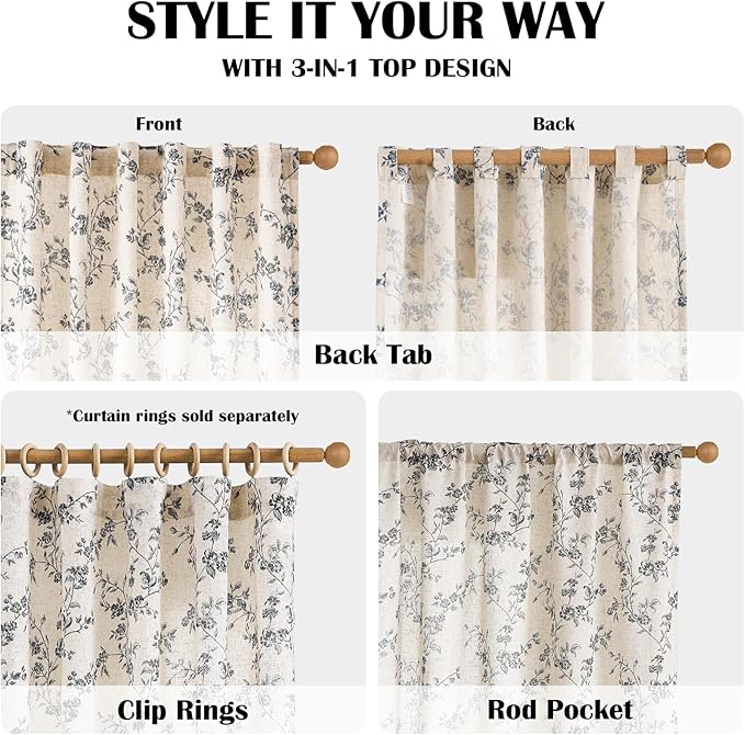 Lazzzy Farmhouse Linen Curtains Black Floral Curtains 96 Inch Length Back Tab Drapes for Living Room Bedroom Light Filtering Country Vintage Rod Pocket Curtain, 2 Panels, Black on Beige