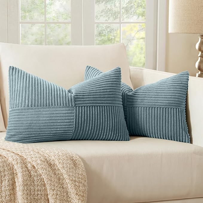 MIULEE Sky Blue Decorative Lumbar Throw Pillow Covers 12x20 Inch for Couch Bed Sofa Pack of 2 Boho Farmhouse Throw Pillows Soft Cross Corduroy Patchwork Textured Cushion Cases