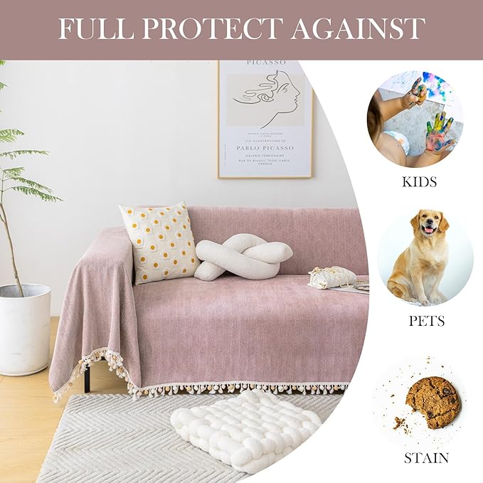 HANDONTIME Soild Couch Covers for Dogs Pink-Purple Sofa Covers Boho Cover for Sofa 3 Seats Chenille Sofa Throw Cover Mauve Sofa Covers for 3 Cushion Couch Tassel, Washable, Pet Friendly, 91" X150"