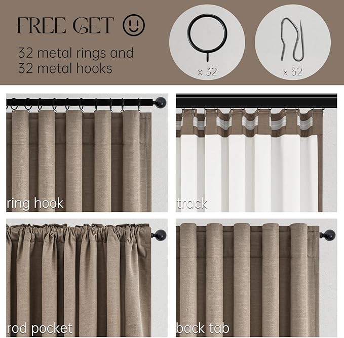 96 inch long linen blackout curtains 2 Panels 100% Black out Linen texture Curtain Modern Farmhouse Dark Flax Window Drapes with Back Tab Rod Pocket Room Darkening Thermal for Bedroom Living Room