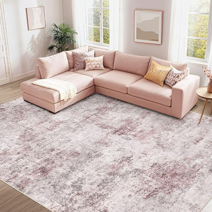 UERMEI 9x12 Area Rug Living Room Rugs - Washable Neutral Modern Abstract Soft Thin Large Rug Indoor Floor No Slip Rug Carpet for Bedroom Under Dining Table Home Office Decor - Pink