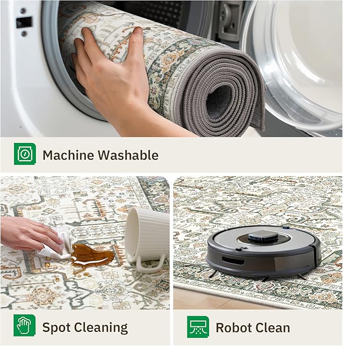 Washable 2x3 Entryway Area Rug - Small Non Slip Vintage Kitchen Runner Rugs Indoor Entrance Soft Neutral Stain Resistant Bathroom Mat Farmhouse Carpet for Bedroom Living Room Entry Laundry 2'x3' Green