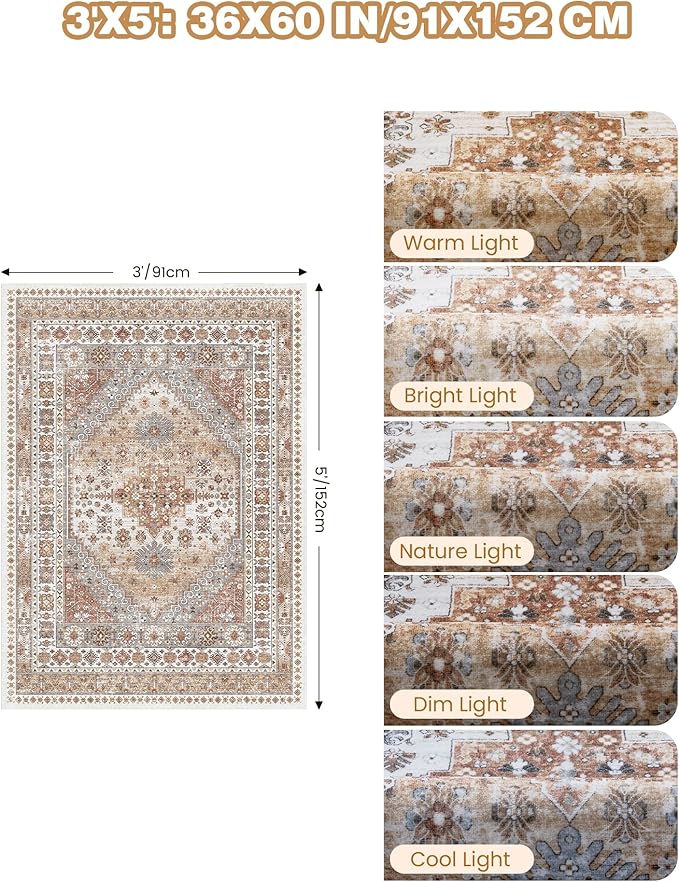 3x5 Washable Area Rug for Entryway, Kitchen Rugs Non Slip for Dining Room, Vintage Floral Soft Living Room Rug, Thin Area Rug Indoor for Bedroom, Kids Room Decor(Orange,3'x5')
