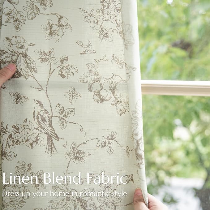 jinchan Linen Floral Curtains for Living Room 96 Inch Length Taupe Printed Flower French Country Curtain Farmhouse Cottage Core Toile Curtains Back Tab Light Filtering Window Drapes Set 2 Panels