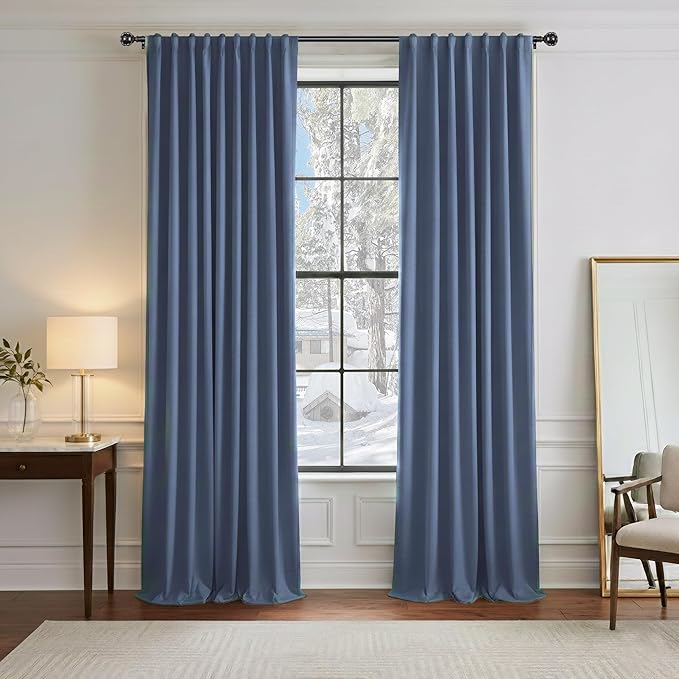 PONY DANCE Blackout Curtains for Bedroom, Room Darkening 96 inch Curtains 2 Panel Set, Thermal Insulated Drapes for Living Room Window Treatment, Back Tab/Rod Pocket, 52 x 96 Inch, Blue Haze