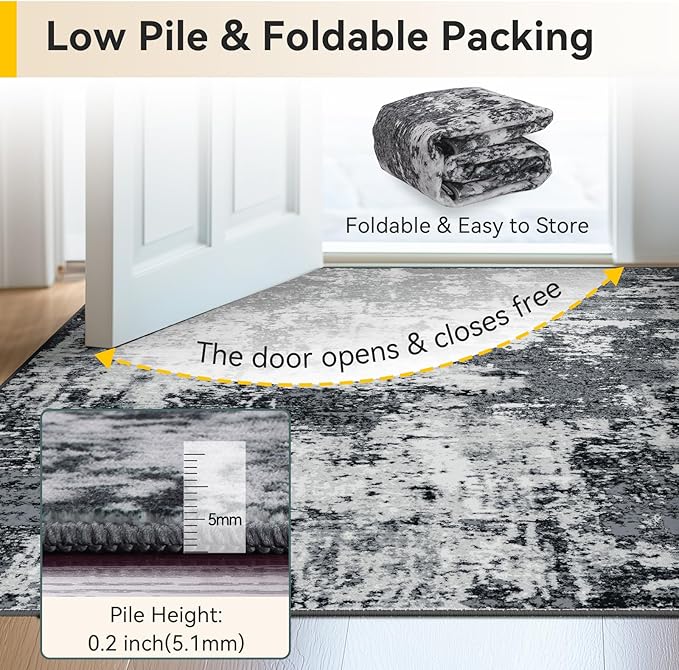 Washable Area Rugs 3x12 Non-Slip Modern Abstract Soft for Living Room Entryway Bedroom Nursery, Print Pattern, Black Navy Blue Gray