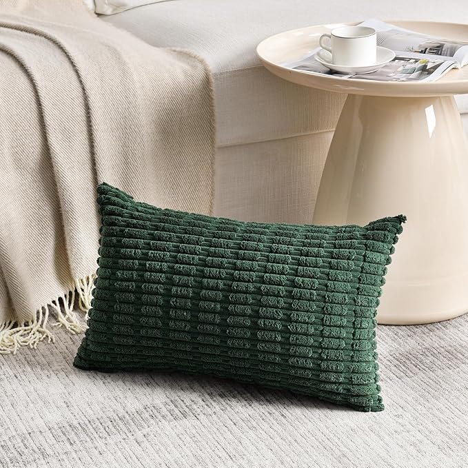 Fancy Homi Set of 4 Green Lumbar Rectangle Decorative Throw Pillow Covers 12x20 Inch for Couch Bed Chair, Aesthetic Boho Room Decor, Soft Fuzzy Thick Corduroy Textured Cushion Case 30x50cm