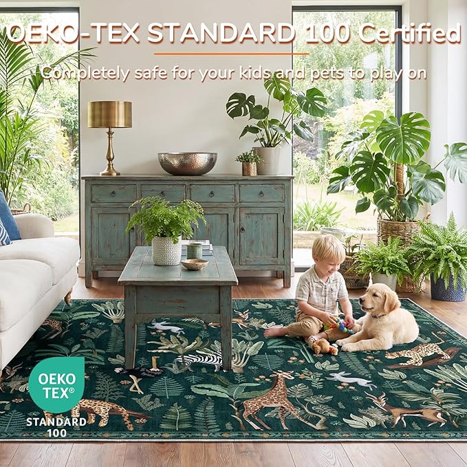 OPPODREAM Animal Soft Area Rugs 5x7, Washable Green Rug with Non Slip Backing, 5 x 7 Faux Cashmere Low-Pile 5x7 Carpet