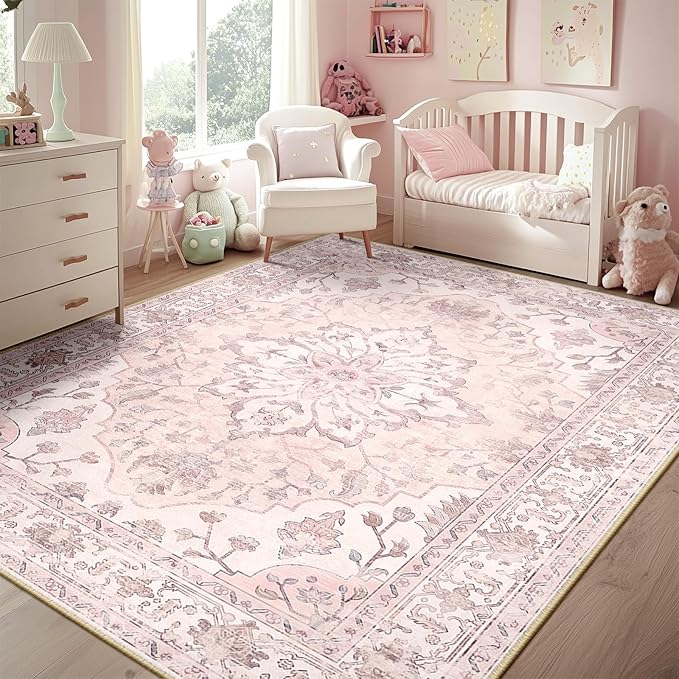 RELEANY Area Rugs 5'x8' Washable Non-Slip, Floral Vintage Distress Print Pattern Medallion Carpet for Living Room Bedroom Dining Room, Pink Greypink Cute