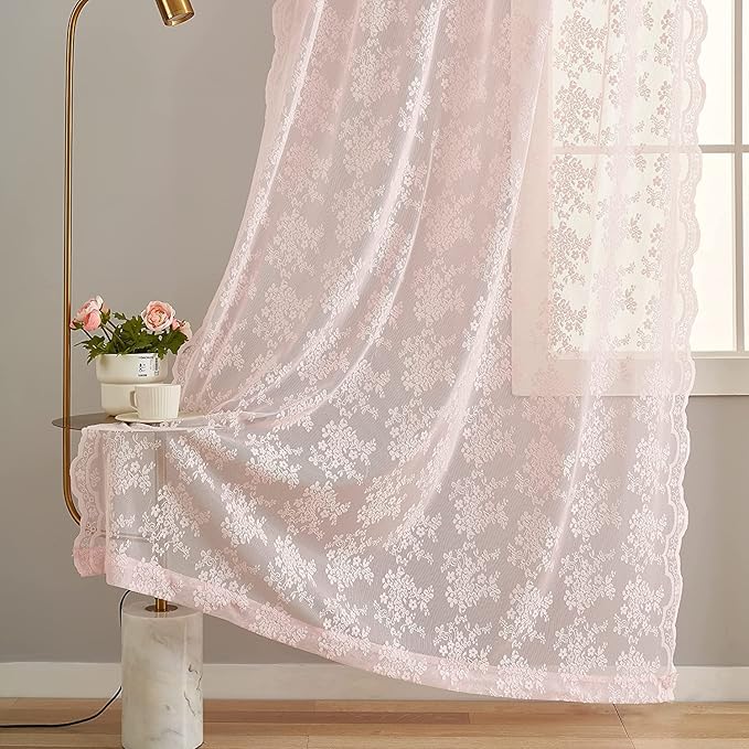 YJ YANJUN Vintage Lace Curtains Elegant Floral Pink Sheer French Door Curtains Set of 2 Shabby Chic Voile Door Drapes for Door Window Living Room Girls Room 52" W x 72" L 2 Panels