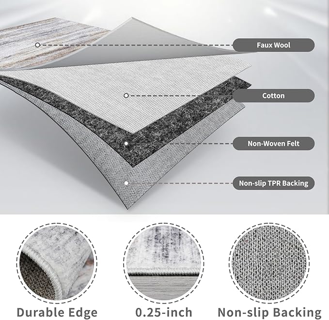Washable Kitchen Runner Rug for Family: Easy-to-Clean Runners for Hallway Entryway Bedroom - Stain and Water Resistant Rugs with Non-Slip Backing - Soft Low-Pile Carpet 2x6 Beige Grey