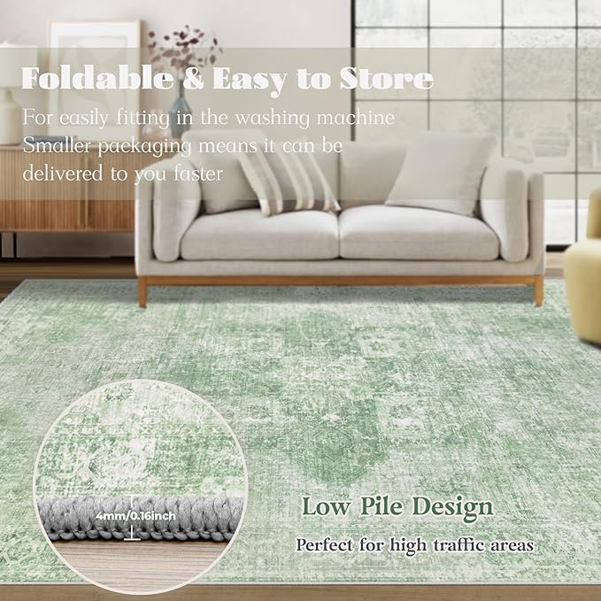 Area Rug 10x14 Washable Rug, Vintage Boho Medallion Rugs Non-Slip Soft Low Pile Large Distressed Rug Indoor Retro Carpet for Living Room Bedroom Dining Room Home Office (SageGreen, 10'x14')