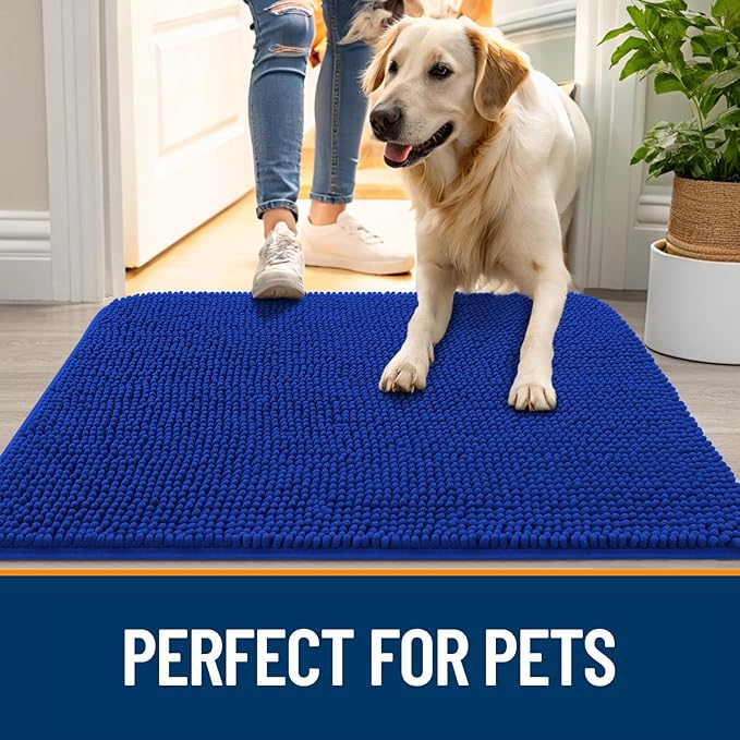 OLANLY Dog Door Mat for Muddy Paws 35x24, Absorbs Moisture and Dirt, Absorbent Non-Slip Washable Doormat, Quick Dry Chenille Mud Mat for Dogs, Entry Indoor Entryway Carpet for Inside Floor, Royal Blue