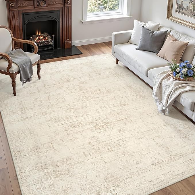 5x7 Area Rugs for Living Room: Vintage Boho Neutral Washable Rug Indoor Soft Large Area Rug Carpet for Bedroom Nursery Farmhouse Dining Room Office Floor Non-Slip Low Pile Under Table Rug Dark Beige