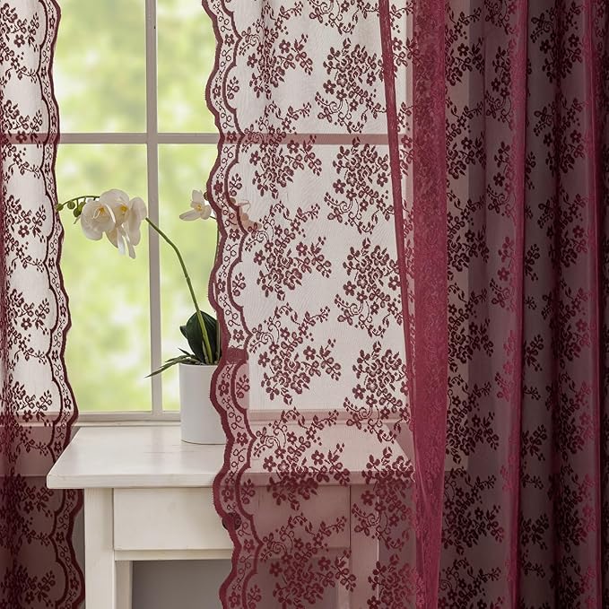YJ YANJUN Vintage Lace Curtains 96 Inches Long-Victorian Floral Burgundy Xmas Curtain Panels for Living Room 2 Panels Privacy 8ft Holiday Christmas Seasonal Themed Winter Decor 52" W x 96" L Maroon