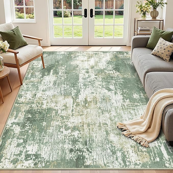 Washable Area Rugs 6'x8' Non-Slip Modern Abstract Soft for Living Room Entryway Bedroom Nursery, Print Pattern, Light Green/Yellow