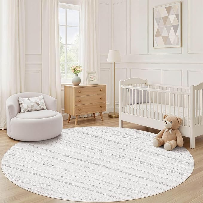 Nakagishi Round Rug Boho Area Rugs: 4x4 Washable Large Circle Neutral Soft Stain Resistant Non-Slip Carpet for Women Aged 25-45 Farmhouse Decor Enthusiasts - Living Room Bedroom Dining Room Nursery