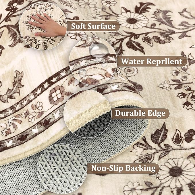 Yamaziot Washable Runner Rug 2x10 – Floral Non Slip Boho Hallway Runner Rug with Rubber Backing, Low Pile Faux Wool Distressed Carpet for Kitchen, Laundry, Bedroom, Entrance, Brown