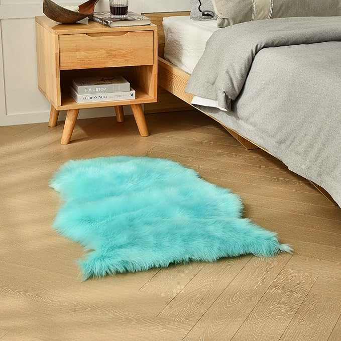 duduta Turquoise Blue Sheepskin Throw Rug 2x3 ft, Fluffy Shag Faux Fur Chair Covers Small Bedside Dorm Rug Non Slip Washable