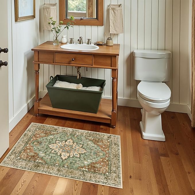 RELEANY Area Rugs 2'x3' Kitchen Rugs Entry Rug Small Rugs for Entryway Kitchen Bathroom Door Mat Indoor Entrance,Washable Non Slip, Brick Red Rust Neutral Brown Burnt Orange Green