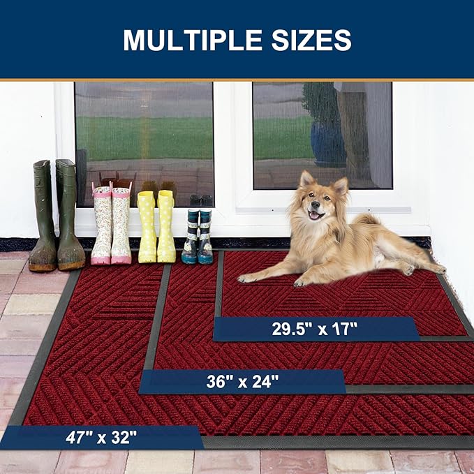 Smiry Front Door Mat Outside Entrance, Heavy Duty Sturdy Natural Rubber Doormat, Trap Dirt and Moisture, Easy Clean Low Profile Mats for Indoor Outdoor Entry, Irregular Triangle (47x32, Deep Red)