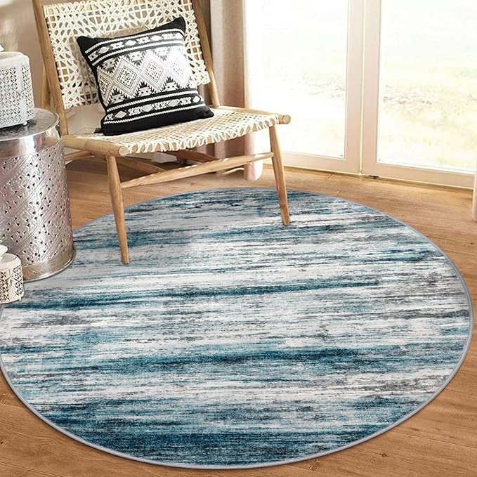 KOZYFLY Abstract Round Washable Rug 3Ft, Modern Kitchen Non-Slip Soft Small Bathroom Circle Rug, Blue Striped Entryway Rugs Print Faux Wool Doormat for Bedside Entrance Bedroom Sink