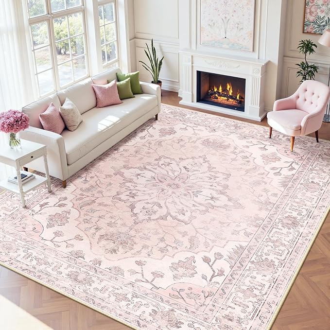 RELEANY Area Rugs 9'x12' Washable Non-Slip, Floral Vintage Distress Print Pattern Medallion Carpet for Living Room Bedroom Dining Room, Pink Greypink Cute