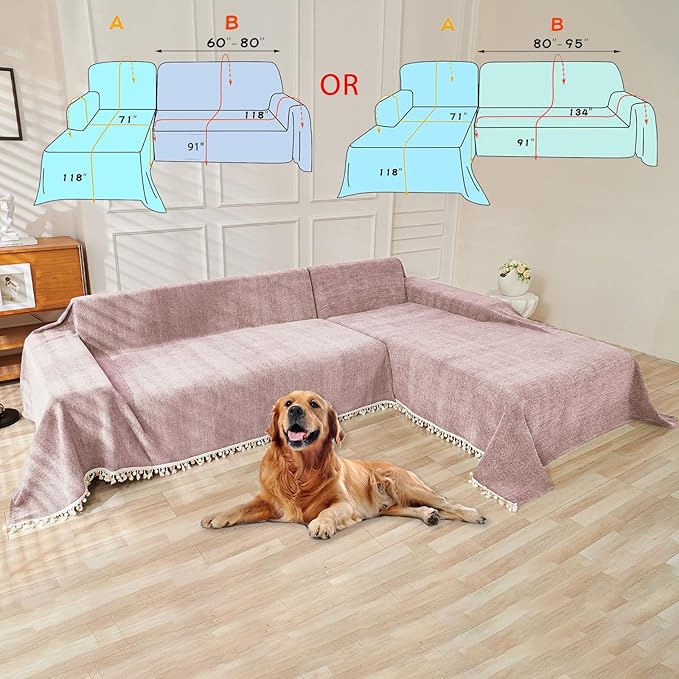HANDONTIME Soild Couch Covers for Dogs Pink-Purple Sofa Covers Boho Cover for Sofa 3 Seats Chenille Sofa Throw Cover Mauve Sofa Covers for 3 Cushion Couch Tassel, Washable, Pet Friendly, 71" X134"