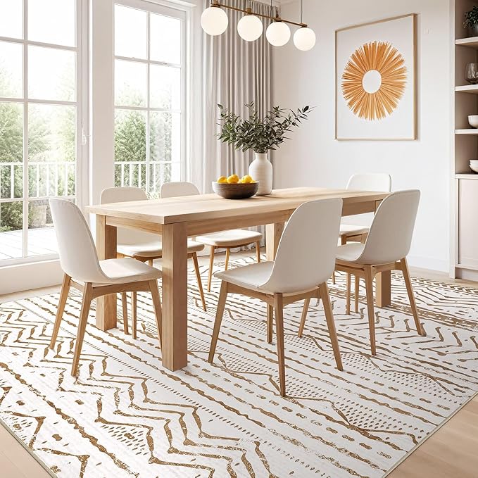 Nakagishi 7x9 Area Rugs Living Room: Washable Boho Large Neutral Soft Farmhouse Rug Stain Resistant Modern Indoor Floor Non-Slip Carpet for Bedroom Nursery Playroom Office Dining Dorm- White Brown