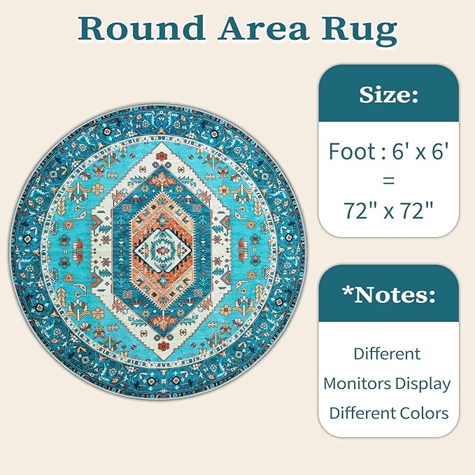 SERISSA Boho Round Area Rug, 6ft Washable Non-Slip Circle Rug, Ultra Soft Oriental Vintage Blue Low-Pile Circular Carpet for Bedroom Entryway Kids Room Office College Dorm Living Room