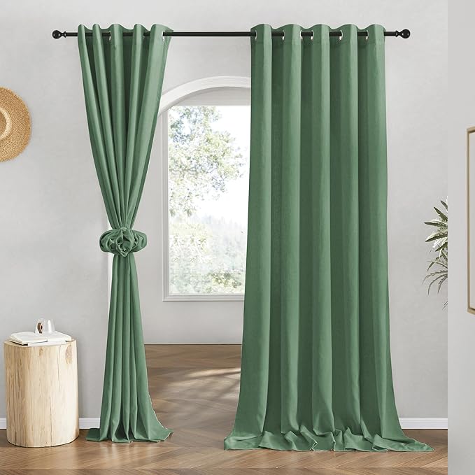 NICETOWN Flax Olive Green Linen Curtains for Room Divider, Grommet Top Thick Flax Semi Sheer Vertical Drapes Privacy Assured with Light Filtering for Sliding Glass Door, W68 x L84, 2 Pieces