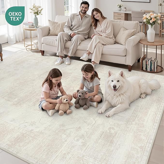 5x7 Area Rugs for Living Room: Vintage Boho Neutral Washable Rug Indoor Soft Large Area Rug Carpet for Bedroom Nursery Farmhouse Dining Room Office Floor Non-Slip Low Pile Under Table Rug Cream Beige